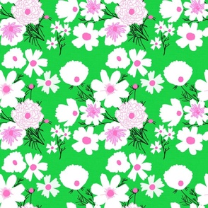 Retro Modern Loose Spring Garden Flowers Kelly Green 