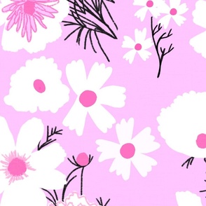 Retro Modern White Spring Wildflowers Mix Pastel Pink