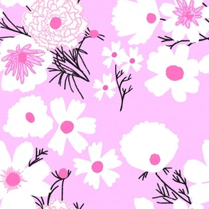 Mid-Century Modern White Spring Wildflowers Mix On Pastel Pink