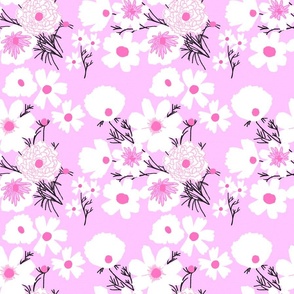 Retro Modern White Spring Wildflowers Mix On Pastel Pink