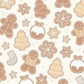 Vintage Christmas cookies - Seasonal bakery gingerbread stars christmas trees pudding and snow flakes dough and glazing beige sand blush gray on cream