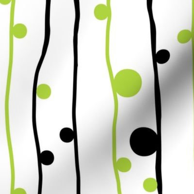 Wonky Lines and Dots White with Lime Green and Black