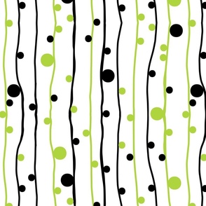 Wonky Lines and Dots White with Lime Green and Black