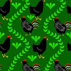 Folk Art Chickens Hen Roosters on Dark Green