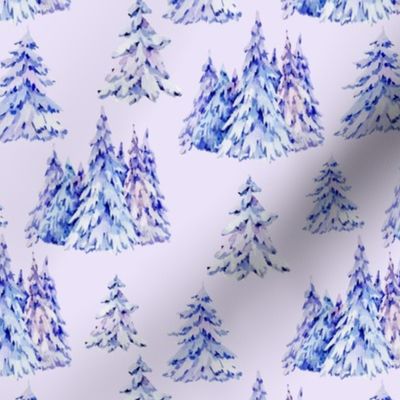 Purple winter snow fir trees