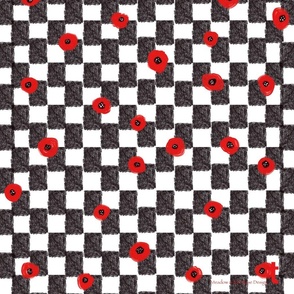 Black and White checked with Red Roses Tea Towel