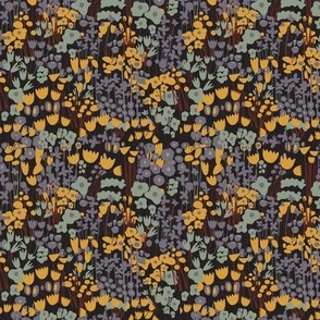 Whimsical floral with hand-drawn flowers in mustard yellow, mint green and lavender