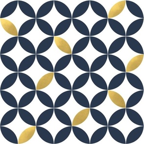 deep blue and gold geometric circles print