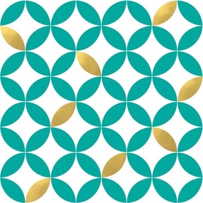 teal and gold geometric circles print