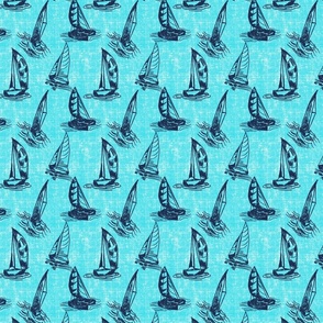 Sailboat Sketches in Navy on Turquoise Distressed