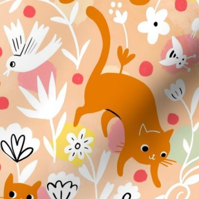 cats and friendly creatures playful garden // orange // large scale