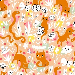 cats and friendly creatures playful garden // orange // large scale