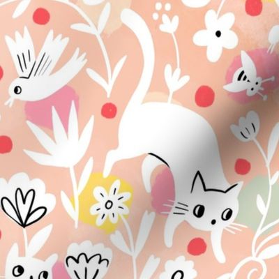 cats and friendly creatures playful garden // white // large scale