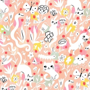 cats and friendly creatures playful garden // white // large scale