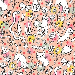 cats and friendly creatures playful garden //  outlined // large scale