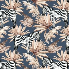 Small Scale / Zebra Tropical Dried Palm Leaves / Navy Background