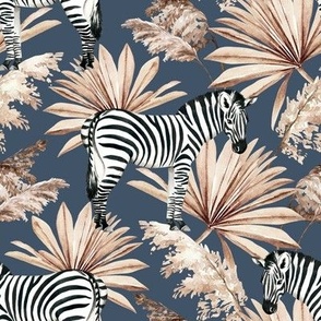 Medium Scale / Zebra Tropical Dried Palm Leaves / Navy Background