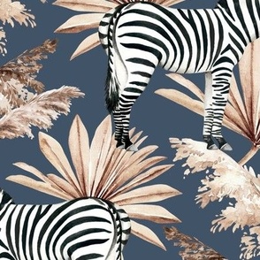 Large Scale / Zebra Tropical Dried Palm Leaves / Navy Background