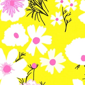 Loose Wildflowers Big Spring Garden Mix On Lemon Yellow With Hot Pink Accents Mid-Century Modern Retro Flower Print Illustrated Silhouette Ditzy Cottage Farmhouse Meadow Floral Pattern