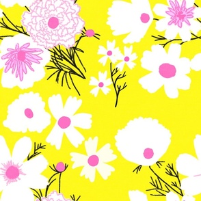 Loose Wildflowers Spring Garden Mix On Lemon Yellow With Hot Pink Accents Mid-Century Modern  Retro Flower Print Illustrated Silhouette Ditzy Cottage Farmhouse Meadow Floral Pattern