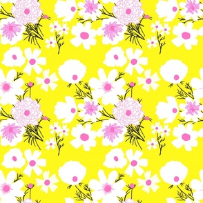 Loose Wildflowers Mini Spring Garden Mix On Lemon Yellow With Hot Pink Accents Mid-Century Modern Retro Flower Print Illustrated Silhouette Ditzy Cottage Farmhouse Meadow Floral Pattern 