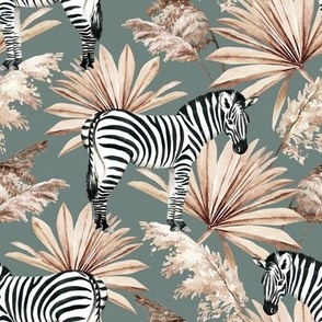 Medium Scale / Zebra Tropical Dried Palm Leaves / Sage Background