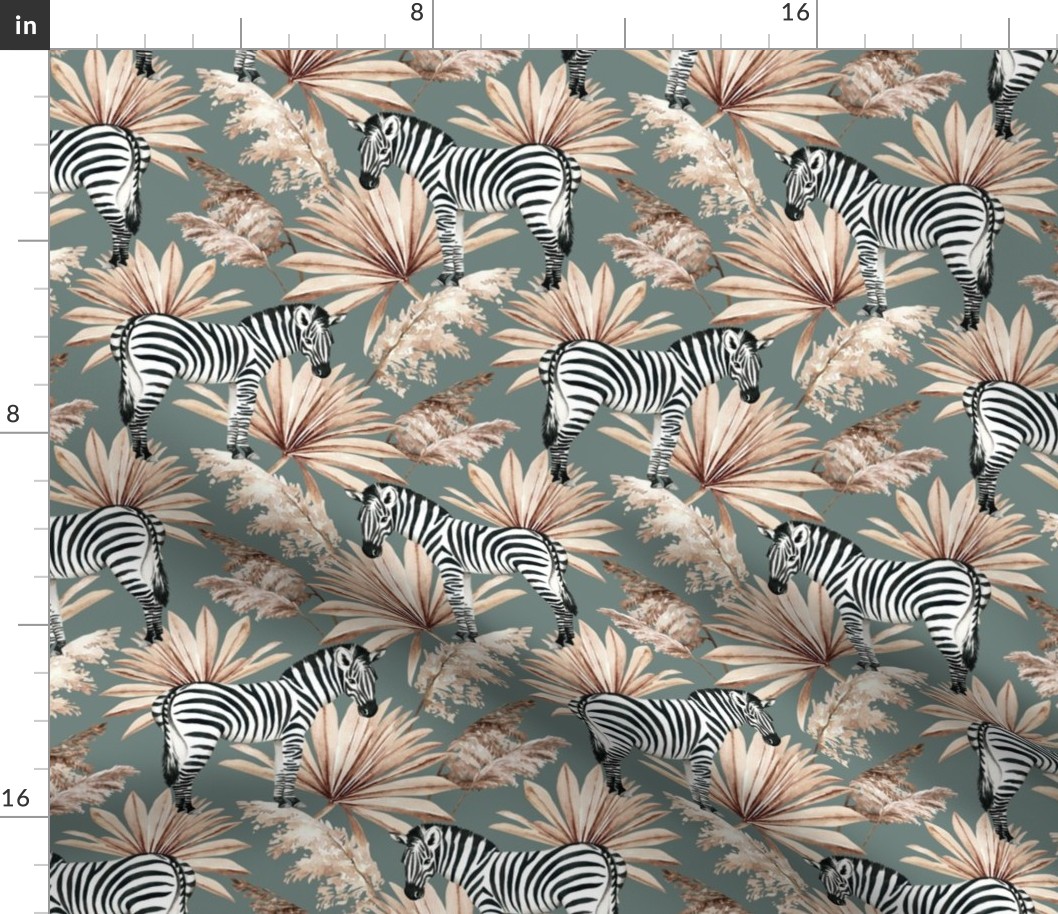 Medium Scale / Zebra Tropical Dried Palm Leaves / Sage Background