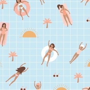 Summer girls - Swimming pool sunny day shades with bikini friends sunshine and palm trees deep light blue