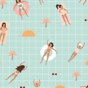 Summer girls - Swimming pool sunny day shades with bikini friends sunshine and palm trees mint green blush yellow