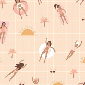 Summer girls - Swimming pool sunny day shades with bikini friends sunshine and palm trees soft vanilla yellow cream pink 