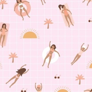Summer girls - Swimming pool sunny day shades with bikini friends sunshine and palm trees soft pink yellow peach