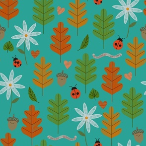 Medium - Oak Leaves Flowers Acorns Bugs - Happy Garden Pals on Teal