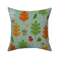 Medium - Oak Leaves Flowers Acorns Bugs - Happy Garden Pals on Pale Green