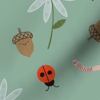 Medium - Flowers Acorns Bugs - Happy Garden Pals on pale green