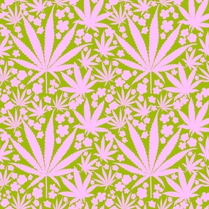 Vintage Preppy Pink And Green 80’s Colorful Cannabis And Flowers Tropical Ditzy Hippy Floral Botanical Retro Modern Cali Surf Skate Summer Beach Pool Flower Smoke Plant Repeat Pattern 