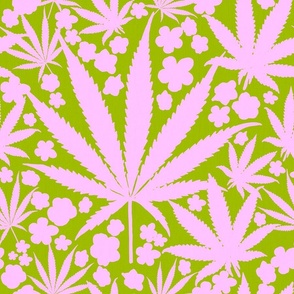 Retro Preppy Pink And Green Cannabis And Flowers