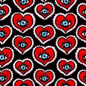Lovecore hearts with eyes hand painted acrylic technique on black background Medium scale