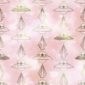 Art deco outer space UFO on pink sky Small scale
