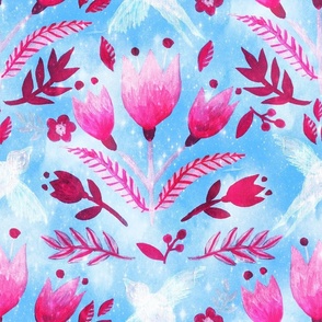 Nostalgic tulips and birds of love Kitschy vintage kitchen style Pink and sky blue Large scale