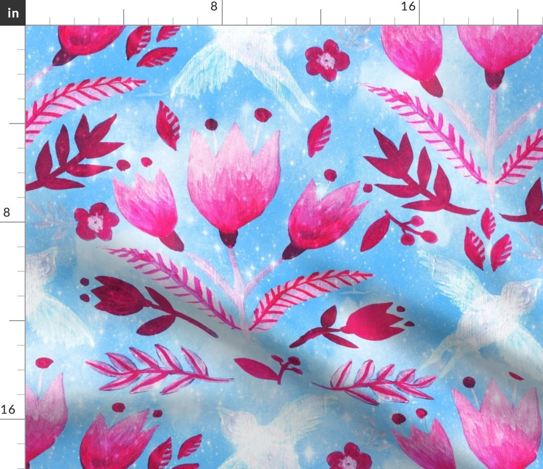 Nostalgic tulips and birds of love Kitschy vintage kitchen style Pink and sky blue Large scale