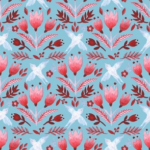 Tulips and birds Lovecore Make Love not War on Dusty blue green Medium scale
