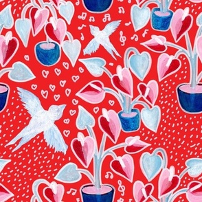 lovecore Plants and birds spreading love and peace Bold Painterly on red Medium scale