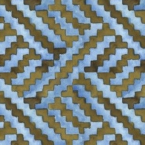 Watercolor basket weave in olive green and sky blue Small scale