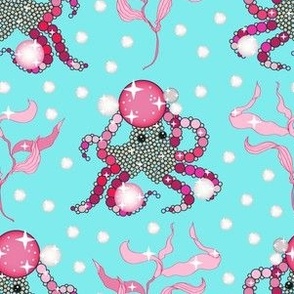 Dancing octopus in azure blue sea with pearls and bubbles Small scale suitable for child apparel 