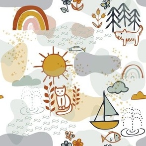 Day by the lake in neutral colors (no pink) Small scale suitable for child clothing and Large scale wallpaper