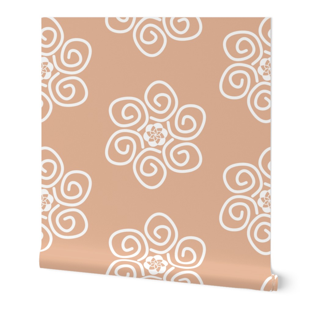 Jan  white floral spiral  on terra-cotta  boho table runner tablecloth napkin placemat dining pillow duvet cover throw blanket curtain drape upholstery cushion clothing shirt  living home decor draperies curtains 
