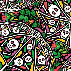 Skull umbrellas in bloom - Dia de los Muertos - Halloween Peony #BF6493 Grass #44BF58 