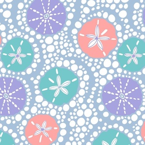 In the Surf Coastal Beach Sea Urchins and Sand Dollars - Petal Coordinates Lilac Purple Sky Blue with Turquoise White Coral Red - MEDIUM Scale - UnBlink Studio by Jackie Tahara