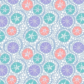 In the Surf Coastal Beach Sea Urchins and Sand Dollars - Petal Coordinates Lilac Purple Sky Blue with Turquoise White Coral Red - SMALL Scale - UnBlink Studio by Jackie Tahara