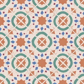Diagonal Tile Geometric in Blue, Green, and Terra Cotta - Large Scale